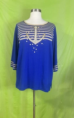 QUACKER FACTORY Sweater Women’s Plus Size 2X Blue Anchor Embellished 3/4 Sleeve - Image 1 of 4