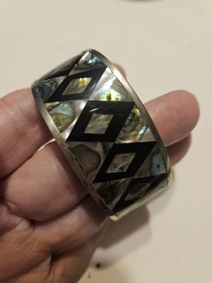 Vtg Mex Silver Bracelet Sm Cuff Inlaid Abalone Mother Pearl Diam Design 15351☆ - Image 1 of 4