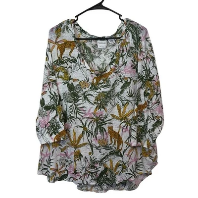 Top Rachel Zoe Estampado Selva Animal Cuello en V Talla 3X 100% Lino Manga 3/4 Tropical Foto 1 de 4
