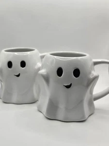 Ghost Stoneware Halloween Cider Mugs Set 2 Molded Coffee Tea Approx 10oz - Picture 1 of 10