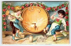 Vintage Happy New Year Postcard Children Tap Keg Otto Schloss No 776 Embossed - Picture 1 of 2