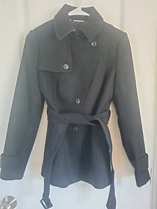Neu ohne Etikett Banana Republic italienischer schwarzer zweireihiger Wollmantel mit Gürtel Größe 0 - Bild 1 von 10