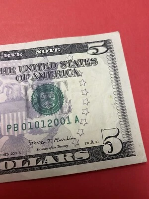 Fancy Serial Number $5 2017 PB 0101 2001 A DOB .  - Image 1 of 4