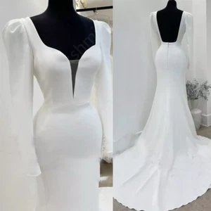 Elegant Mermaid Wedding Dress Satin Long Sleeve Sweep Train Backless Bridal Gown - Picture 1 of 6