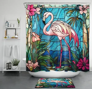 Juego de cortinas de ducha de vitral de flamenco rosa planta tropical para decoración de baño - Imagen 1 de 23