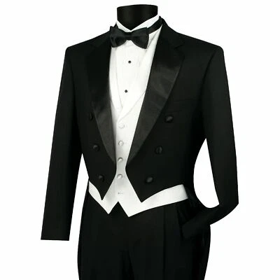 Vintage Men Suits Formal Classic Fit Tailcoat Tuxedo Suit Silk Peak Lapel Custom - Image 1 of 4