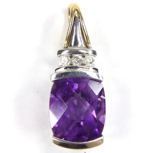 10K Solid Multi Tone Gold 3 Carat Cushion Cut Amethyst Diamond Pendant 2.1 Grams - Picture 1 of 12