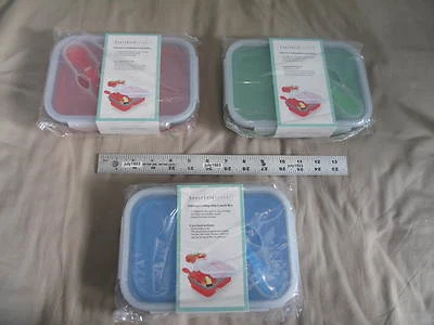 (3) NEW 2-Compartment Silicone Collapsible Bento School Lunch Box BLUE RED GREEN - Image 1 of 4