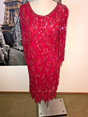 SCALA VINTAGE FUCHSIA SEQUINED DRESS SILK SIZE MEDIUM M (SIZE 6-8) 1980's - Image 1 of 3