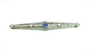 ANTIQUE SOLID 14K YELLOW WHITE GOLD DIAMONDS SAPPHIRE BAR PIN BROOCH - 5.3 GRAMS - Picture 1 of 5