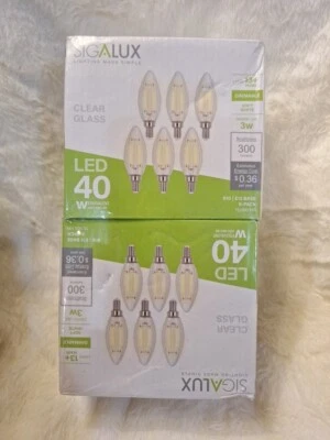 SEALED SIGALUX Candelebra Bulb CLEAR 3 Watt LED CA10/E12 Base DIMMABLE (2)6 Pack - Image 1 of 4