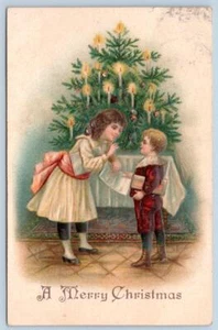 ERA 1907 NAVIDAD 2 NIÑOS ÁRBOL DE NAVIDAD VICTORIANO GRABADO POSTAL ANTIGUA - Imagen 1 de 2
