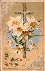 AK Ostergrüße geprägtes Kreuz Narzissen verschickt 1913 - Bild 1 von 2