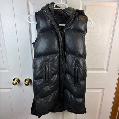 Women's Bod & Christensen Full Zip Hooded Puffer Vest Black Leather Small S - Image 1 of 4