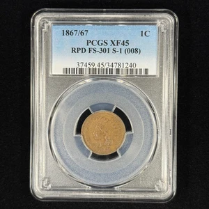 1867/67 1C XF45 PCGS RPD Indian Head Cent - FS-301 S-1 Repunched Date - Picture 1 of 5