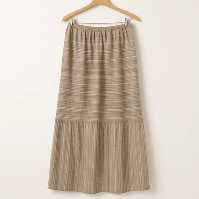 Maxi Falda FLAX Mediana de Lino Beige Tostado Rayas Cintura Elástica Boho Fibra Natural Foto 1 de 4