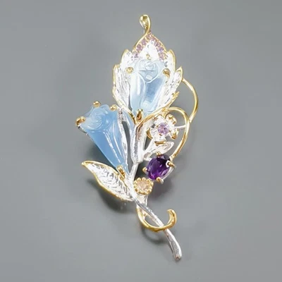 Broche de aguamarina natural hecho a mano de 20 quilates + plata de ley 925/NB30449 Foto 1 de 4