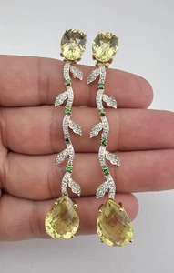 18k Yellow Gold Tsavorite Diamond Lemon Quartz Omega Back Dangle Earrings 3 1/8" - Picture 1 of 17