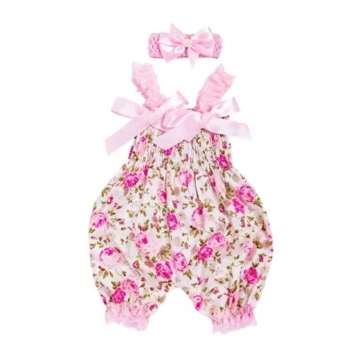 Newborn Infant Baby Girl Floral Romper Bodysuit Jumpsuit Headband Outfit Clothes - Image 1 of 4