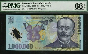 ROMANIA 1,000,000 LEI P-116 2004 Million PMG66 POLYMER UNC 1000000 EUROPEAN NOTE - Picture 1 of 3