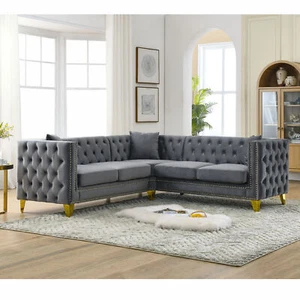 L-Shaped Velvet Upholstered Sectional Sofa Corner Sofa Couch Button Tufted Gray - Picture 1 of 12