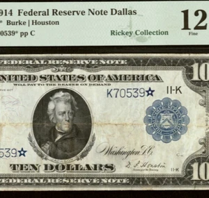1914 $10 Federal Reserve Note Dallas PMG Fine 12 - Only 4 Stars Reported Fr 946* - Picture 1 of 5