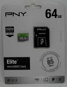 New PNY ELITE 64GB Microsdxc Card -UHS-I, U1, up to 85MB/Sec (P-SDU64U185EL-GE) - Picture 1 of 6