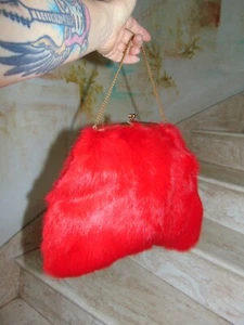Oversized VTG MCM Pin Up Red Rabbit Fur Purse Triangular Kiss Lock Rockabilly - Picture 1 of 12