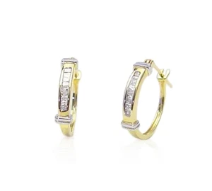 10K Yellow Gold Baguette Diamond Hoop Earrings Two Tone Hoops .10ct - Picture 1 of 4