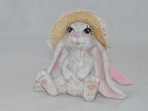 Hand Painted Ceramic Pink/White . Blush Spring Easter Rabbit Bunny w/ Straw Hat - Picture 1 of 7