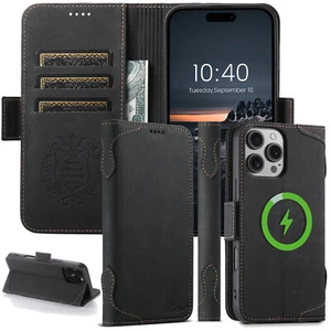 For iPhone 16 Pro Max 15 14 13 12 Magnetic Leather Wallet Case with Card Holder - Picture 1 of 31
