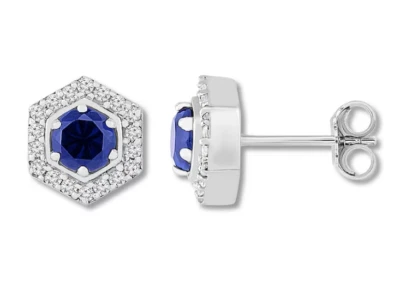 Aretes estilo halo hexagonal zafiro y moissanita simulados en platino 950 Foto 1 de 4