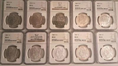 Graded Morgan Consecutive Run 1881-1890 10 Coins MS  60-64 - Image 1 of 4