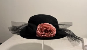 Vintage Arlin Black With Flower And Tulle 100% Wool Felt Hat Made In The USA - Picture 1 of 7