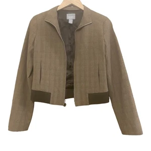 Giacca stile bomber vecchio blu navy zip davanti marrone a quadri cropped donna XS - Foto 1 di 12
