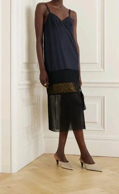 Dries Van Noten Womens Paneled Pin Striped Midi Dress Sz 36 Navy Blue Gold Mesh - Image 1 of 4