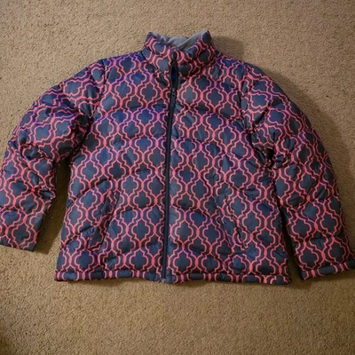Land's End Women’s Down Fill Jacket Size Large Navy/Pink Puffer Full Zip Pockets - Image 1 of 4