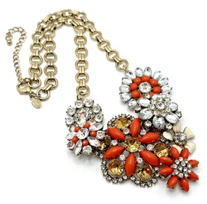 LESLIE DANZIS Rhinestone Floral Bib Necklace Coral w/ Amber & Clear Crystals 18" - Picture 1 of 16