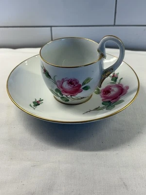 Meissen Pink Rose Coffee Cup and Saucer Feathered Handle - Image 1 of 4