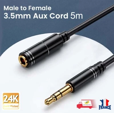 NIERBO Câble d'extension Jack 3,5mm Male à 3.5mm Femelle TRS Rallonge Plaqué or AUX 5m
