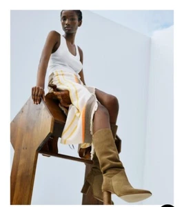 ZARA BEIGE HEELED SUEDE KNEE HIGH BOOTS 1002/810 Size EU 39/ US 8 - Picture 1 of 13