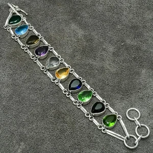 Multi Stone Gemstone 925 Sterling Silver Handmade Jewelry Bracelet 7-8" - Picture 1 of 8