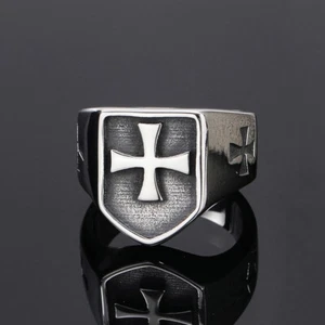 Vintage Crusades Cross Shield Signet Ring, Stainless Steel, Silver, Size 7-13 - Picture 1 of 5