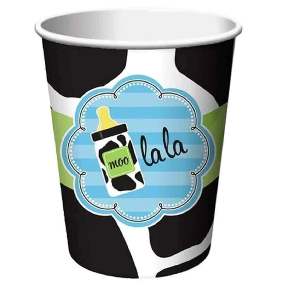 Baby Cow Print Boy Animal Moo La La Cute Baby Shower Party 9 oz. Paper Cups - Image 1 of 1