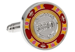 Poker Chip Pair Cufflinks Red Yellow $500 Wedding Gift Box & Polishing Cloth - Picture 1 of 3