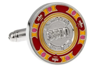 Par de gemelos de fichas de póker rojo amarillo $500 caja de regalo de boda y paño de pulido Foto 1 de 3