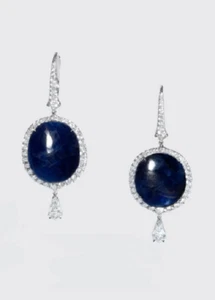 Cabochon Shape Royal Blue Burma 30.75CT Sapphire & White CZ Drop-Dangle Earrings - Picture 1 of 3