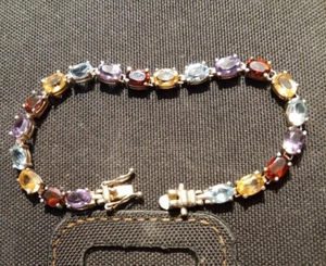 Vintage T&C Tennis Bracelet 7 3/4" w/ Blue Topaz, Garnet Amethyst & Citrine Gems - Picture 1 of 6