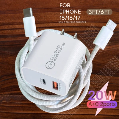 USB C 转 USB C 快速充电器 适用于 iPhone 15 16 17 iPad 20W 块 PD 编织电缆 — 第 1/4 张图片