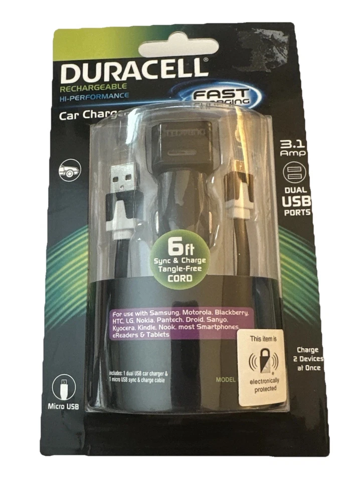 Duracell Sync & Charge Cable With Car Charger Black Pro-198 NEW - Image 1 of 4